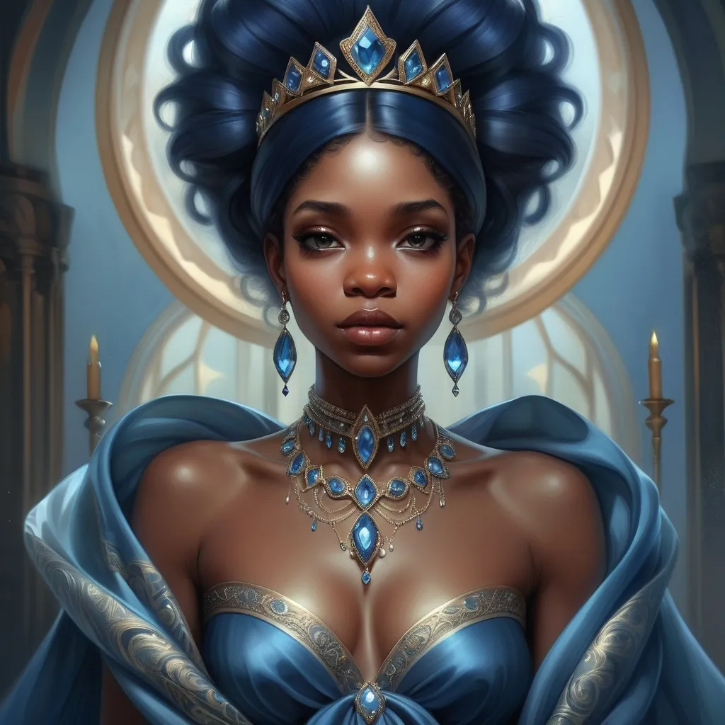 Prompt: a black woman wearing a blue dress and a tiara with shawl around her neck. Anna Dittmann, fantasy art, highly detailed digital painting, a photorealistic painting