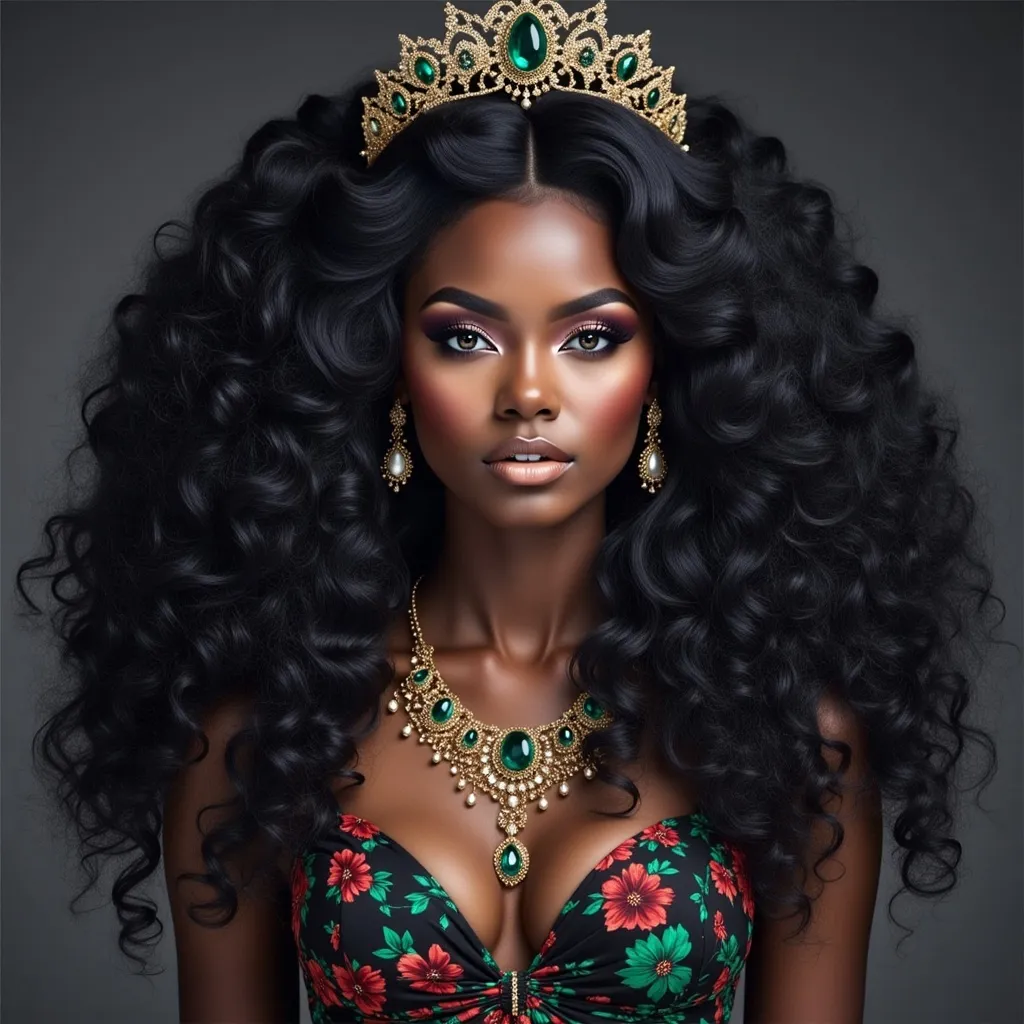 Prompt: a  black woman with a tiara and a necklace  Chinwe Chukwuogo-Roy, afrofuturism, highly detailed digital painting, a photorealistic painting