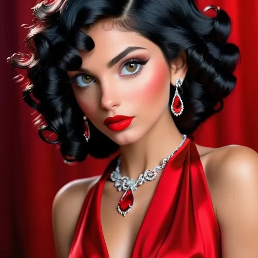 Prompt: Curly black hair, red lips, ruby jewelry, woman in red dress, high quality, detailed, close-up portrait, vibrant colors