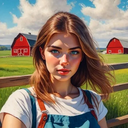 Prompt: <mymodel>a pretty farm girl in a classic farm scene with a red barn, rustic countryside setting, vibrant green pastures, traditional wooden fences, clear blue sky, high quality, oil painting, classic style, warm tones, natural lighting