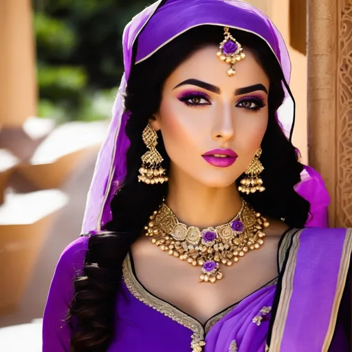 Prompt: middle eastern woman, Beautiful and Gorgeous, purple roses in hair