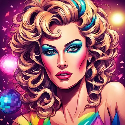 Prompt: Cartoon-style closeup of an 80s disco lady, vibrant and lively, glossy lips, bright eyeshadow, exaggerated lashes, retro hairstyle, disco ball reflection in eyes, neon colors, vibrant disco atmosphere, high quality, cartoon, 80s, disco, lively colors, retro, exaggerated features, glossy lips, bright eyeshadow, retro hairstyle, disco ball reflection, neon colors, vibrant atmosphere