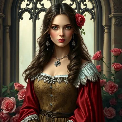 Prompt: an English princess in a 10th century dress standing in front of a window with roses around her. Anne Stokes, fantasy art, highly detailed digital painting, a character portrait