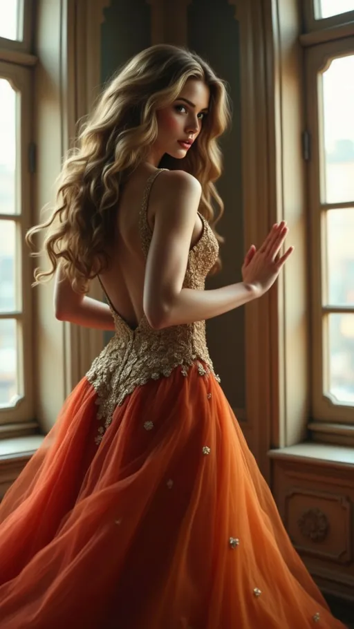 Prompt: Bathed in soft, natural light filtering through large windows, a stunning woman stands gracefully beside an ornate wooden frame, exuding elegance and confidence. She wears a luxurious gown adorned with intricate golden embroidery, its deep V neckline accentuating her collarbone and silhouette, while the fabric elegantly cascades from rich red to vibrant orange hues at the back, creating a dynamic contrast. Her long, wavy hair frames her face, and she holds one hand gently against the wall, enhancing the allure of her poised demeanor. The surrounding elegance of the architectural details, combined with her captivating presence, creates a narrative of sophistication and beauty set against a timeless backdrop.