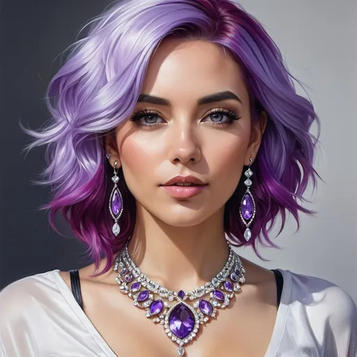 Prompt: a digital painting of a woman with purple hair and jewelry on her neck and chest, wearing a necklace and earrings, Artgerm, photorealism, highly detailed digital painting, a photorealistic painting