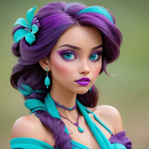 Prompt: A pretty lady, purple and turquoise
