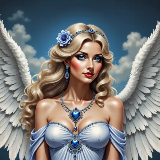 Prompt: an angel with wings and a necklace on her neck and a sky background with clouds and a chain with a heart, Anne Stokes, gothic art, angelic, a detailed painting