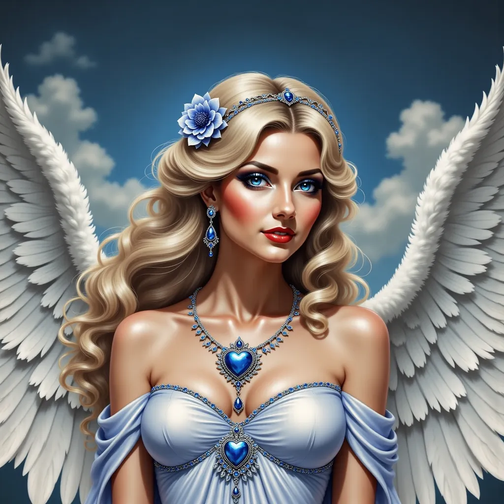 Prompt: an angel with wings and a necklace on her neck and a sky background with clouds and a chain with a heart, Anne Stokes, gothic art, angelic, a detailed painting