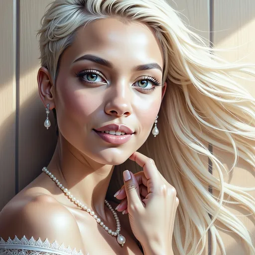 Prompt: (woman with platinum hair and blue eyes), striking facial features, (intense gaze), flowing hair illuminated by soft light, ethereal beauty, elegant pose, dreamy background, delicate colors, tranquil ambiance, (highly detailed), enchanting atmosphere, soft focus, ultra-detailed, cinematic depth, visually captivating masterpiece.