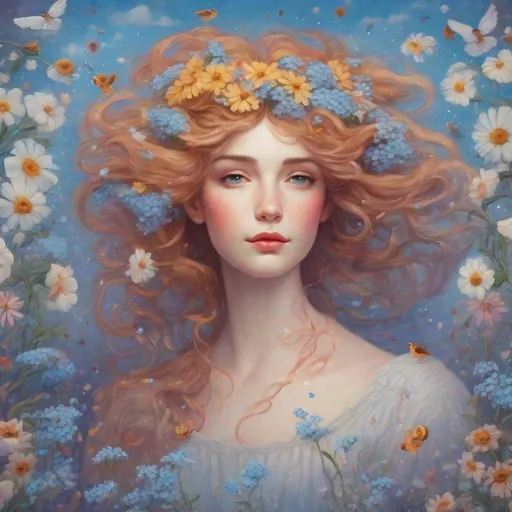 Prompt: A beautiful and colourful Persephone whose hair is made of clouds that rains down forget-me-not flowers and baby's breath flowers, while chickadees fly around in a painted style