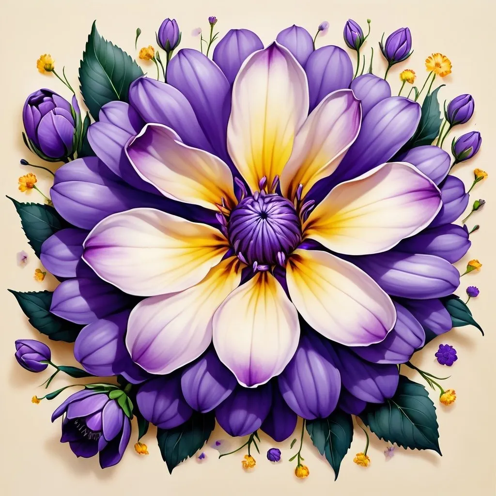 Prompt: Large beautiful purple flower, hyperrealistic, facing front with smaller flowers surrounding, 2d, clipart. illustration done in pen, on a creamy yellow background