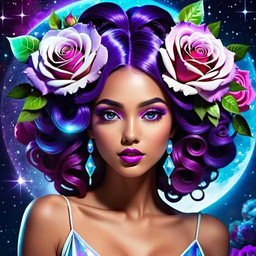 Prompt: Cosmic epic beauty with gorgeous, purple roses in hair, high-res, surreal, cosmic, vibrant colors, detailed floral hairpiece, ethereal aura, celestial backdrop, majestic beauty, galaxy-inspired, breathtaking lighting, dreamlike atmosphere, incredible attention to detail, cosmic fantasy, stunningly beautiful, best quality, surrealism, vibrant tones, celestial lighting