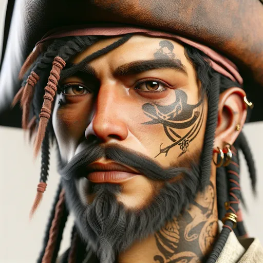 Prompt: a man with dreadlocks , a facial tattoo and a braided beard wearing a pirate hat on his head is looking at the camera with a serious look on his face, Alberto Seveso, photorealism, highly detailed digital painting, a character portrait