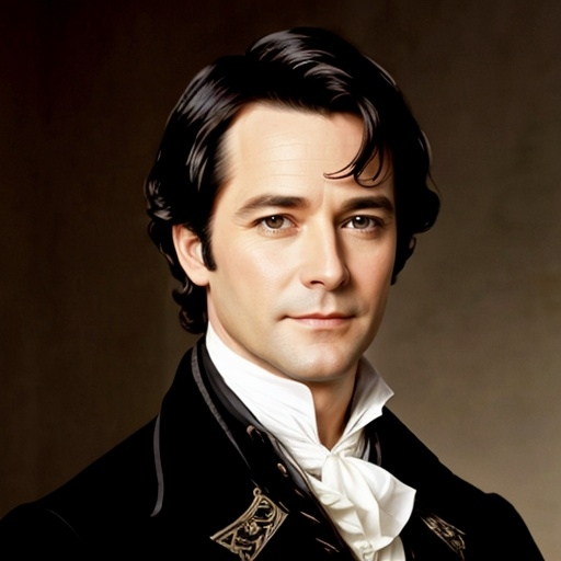 Prompt: Mr. Darcy, a handsome man with dark hair aged 30 years, stylish 18th century clothing, facial closeup