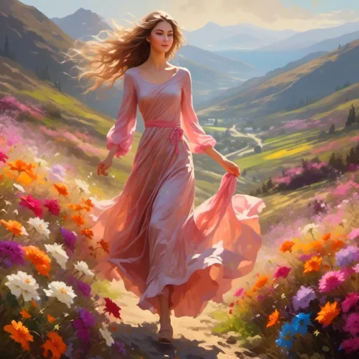 Prompt: <mymodel>Scenic painting of a vibrant girl running through flower-filled fields, summery landscape with lush greenery, gentle hills in the background, sunny weather, oil painting, high quality, impressionistic style, bright and warm tones, soft and natural lighting, flowing dress, vibrant flowers, detailed nature, joyful atmosphere