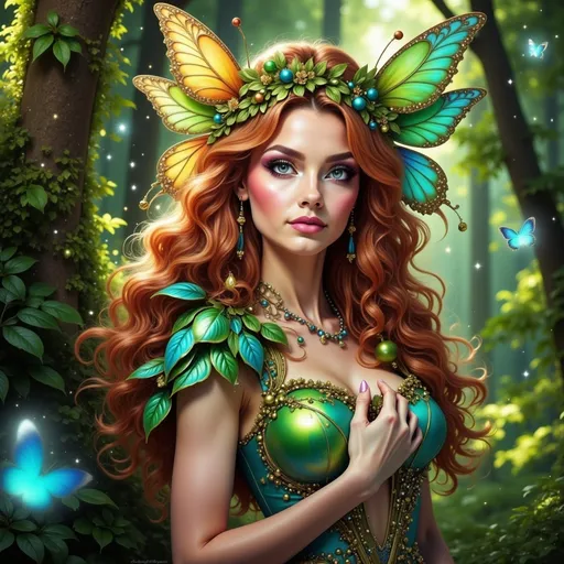 Prompt: In a lush, enchanted forest illuminated by dappled sunlight filtering through the trees, a striking figure stands gracefully amid vibrant greenery. A young woman with cascading, wavy auburn hair adorned with colorful butterfly wings radiates ethereal beauty, her delicate features accentuated by a soft, inviting expression. Clothed in an enchanting outfit composed of shimmering leaves in shades of green and hints of blue, she embodies the spirit of nature itself, with her hand gently resting on her heart. The composition emphasizes her connection to the magical surroundings, as sparkling particles seem to float through the air, enhancing the whimsical and serene atmosphere of this fairy-tale scene.