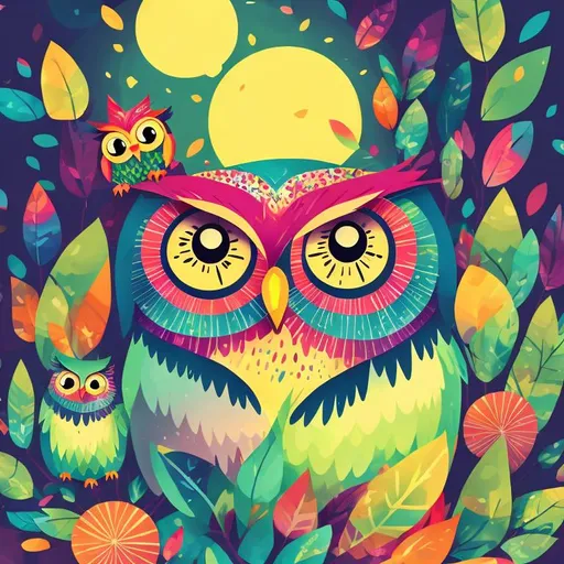 Prompt: Cartoon-style illustration of adorable owls, vibrant and colorful feathers, playful and expressive facial features, whimsical woodland setting, lush and vibrant vegetation, high quality, vibrant colors, cute, cartoon style, playful, whimsical, vibrant lighting