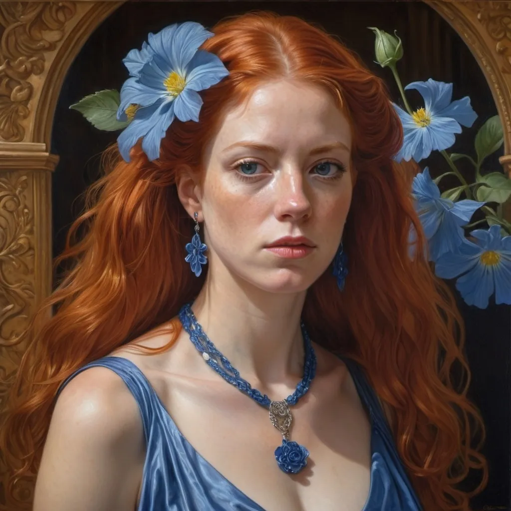 Prompt: a painting of a woman with red hair wearing a necklace and a dress with a blue flower on it, Donato Giancola, photorealism, highly detailed oil painting, a hyperrealistic painting