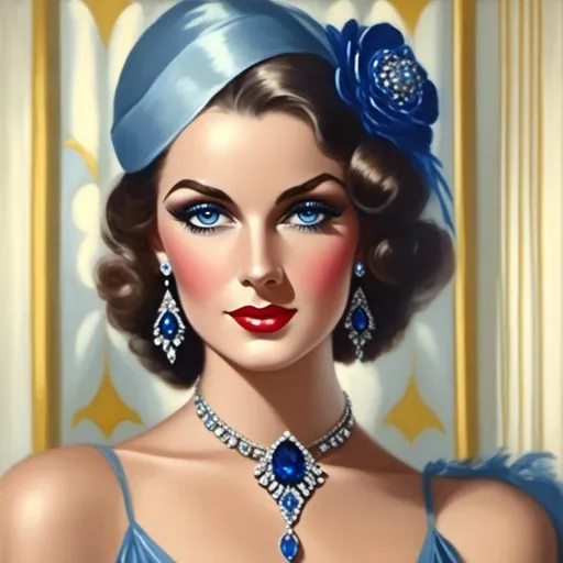 Prompt: <mymodel>Glamorous 1930's woman in sapphire jewelry, captivating blue eyes, vintage oil painting, elegant attire with intricate details, vibrant colors, high quality, realistic, vintage oil painting, 1930's, sapphire jewelry, captivating eyes, elegant attire, vibrant colors, detailed brushwork, refined style, timeless beauty, atmospheric lighting
