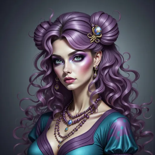 Prompt: a woman with purple makeup and purple hair is wearing a purple outfit and purple necklaces and purple eyeliner, Eva Frankfurther, synchromism, purple, a photorealistic painting