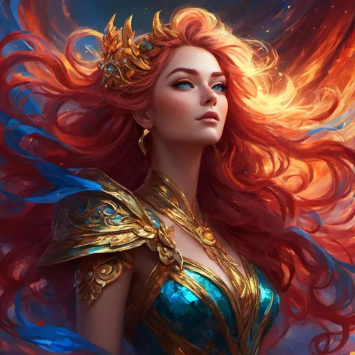 Prompt: <mymodel>Detailed digital painting of a powerful woman, vibrant colors, magical fantasy setting, flowing hair with intricate details, intense and confident expression, ethereal and mystical atmosphere, high quality, digital painting, fantasy, vibrant colors, flowing hair, powerful, confident, mystical, atmospheric lighting