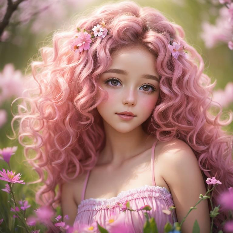 Prompt: a young fairy of spring, very curly hair, pink glow on cheeks,wildflowers, vivid colors, closeup