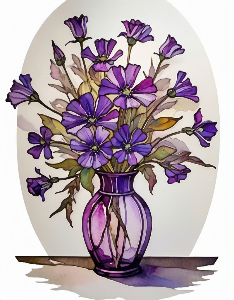 Prompt: a painting of a vase with purple flowers in it and watercolor paint on paper behind it, on a white background, Constance Copeman, modern european ink painting, watercolor, a watercolor painting