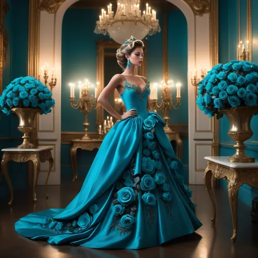 Prompt: A stunningly elegant woman stands poised in a richly adorned environment, her presence captivating with a striking turquoise gown that enhances her graceful silhouette. Her voluminous curls cascade elegantly past her shoulders, adorned with a crown of vibrant blue roses, while radiant, gemstone-studded earrings catch the light from nearby candelabras. The scene is set indoors, reminiscent of a grand ballroom, where soft, lush curtains frame large windows, and a vintage aesthetic complements the sophisticated decor. The interplay of light creates a romantic ambiance, accentuating the delicate details of her intricate jewelry and the gentle glow of rose petals arranged nearby. This image perfectly embodies a sense of regal beauty and timeless romance, evoking a narrative of elegance and celebration.