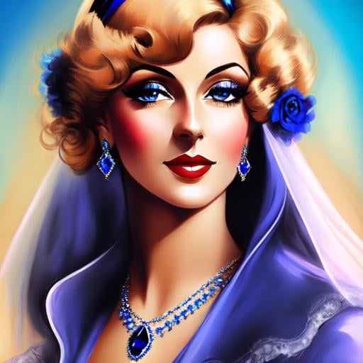 Prompt: Glamorously dressed lady of rhe 1930's wearing sapphire jewelry,blue eyes