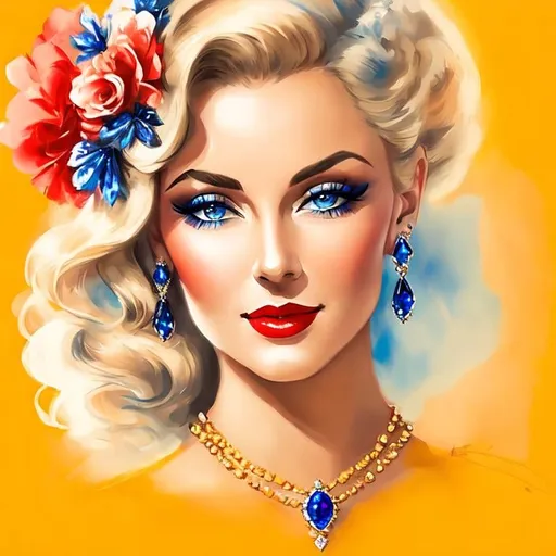 Prompt: Glamorously dressed lady of rhe 1930's wearing sapphire jewelry,blue eyes