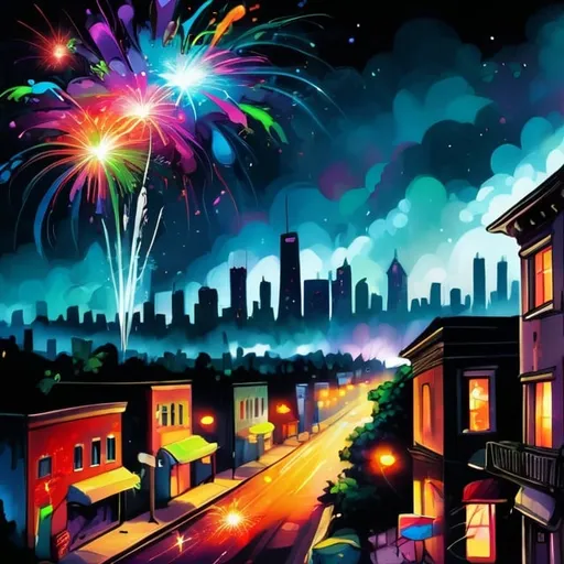 Prompt: cityscape with fireworks, high quality, graffiti style, vibrant tones, urban lighting