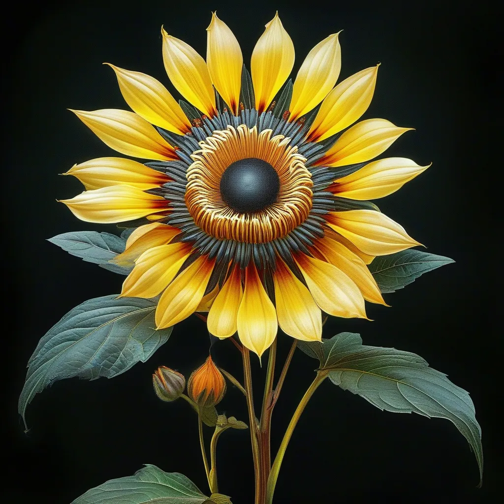 Prompt: a large yellow flower with a dark center on a black background with leaves and stems in the foreground, Ernst Haeckel, photorealism, highly detailed digital painting, a photorealistic painting