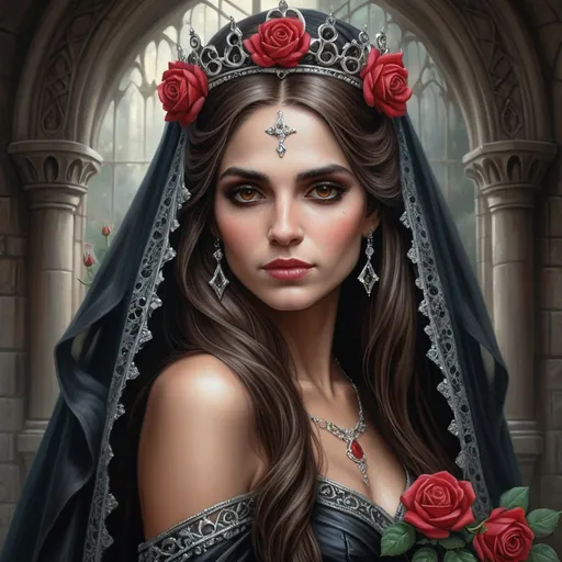 Prompt: a painting of a woman wearing a tiara and a veil with a rose on it's head, Anne Stokes, gothic art, highly detailed digital painting, a digital painting