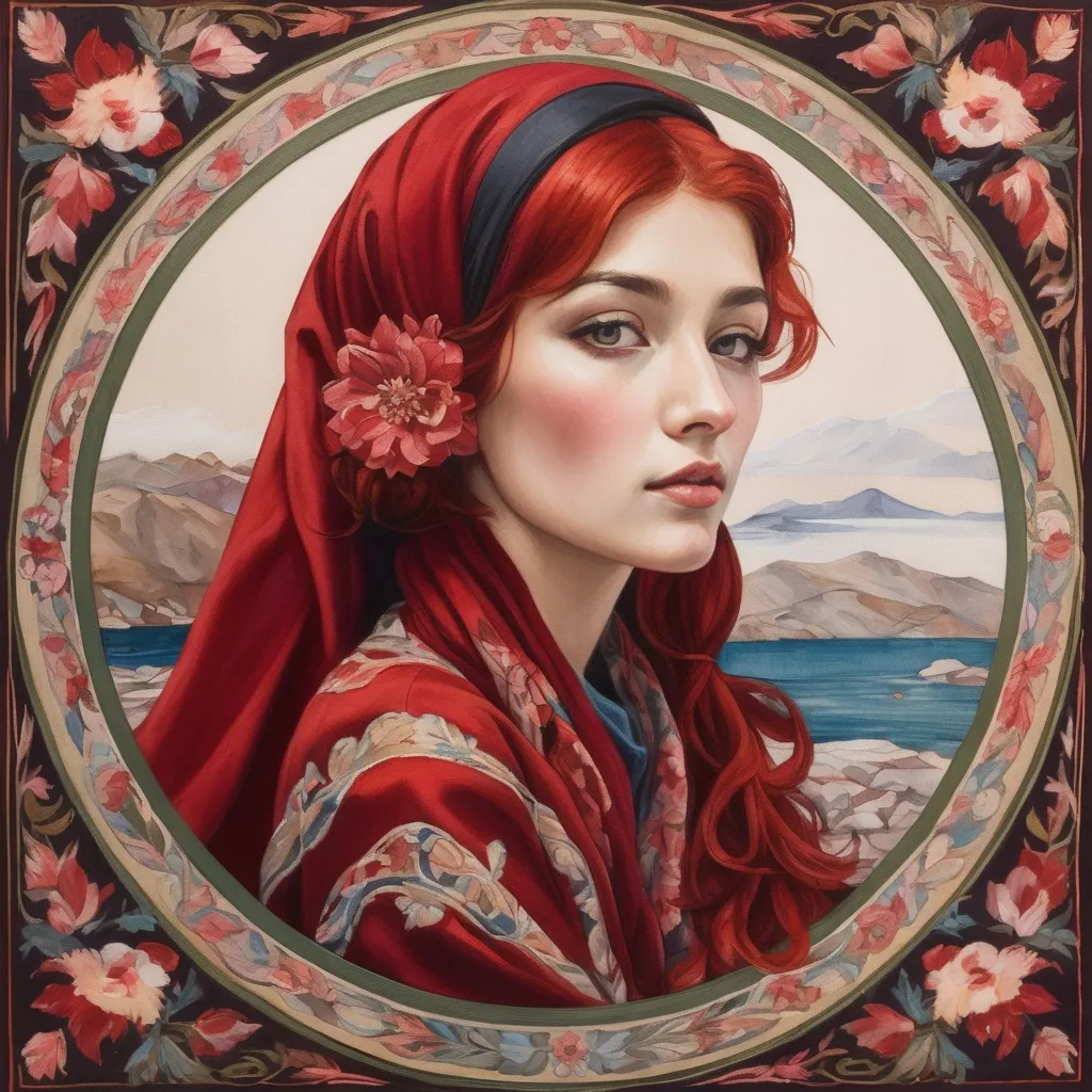 Prompt: a painting of a woman with red hair and a red head scarf with flowers on it, in a circle, Elina Karimova, qajar art, art nouveau fashion embroidered, a silk screen