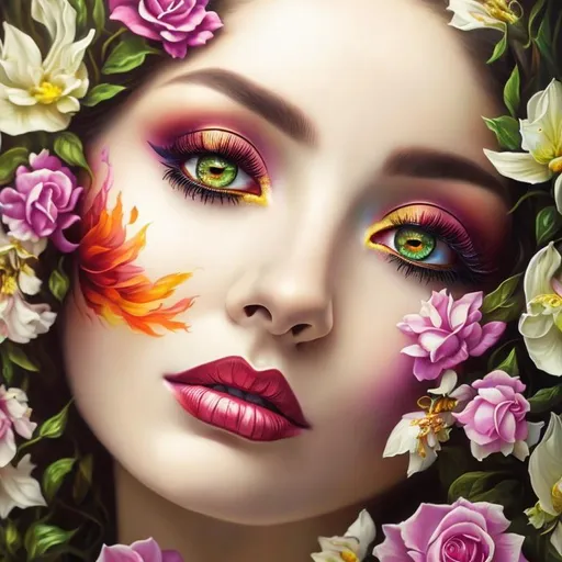 Prompt: Beautiful  hybrid woman with flowers sprouting from her, oil painting, detailed fiery eyes, ethereal glow, dark and mysterious, high quality, vibrant colors, surreal, haunting, intricate floral details, intense gaze, mystical atmosphere, oil painting, demon, hybrid, fiery eyes, ethereal, vibrant colors, surreal, haunting, floral details, intense gaze, mystical atmosphere