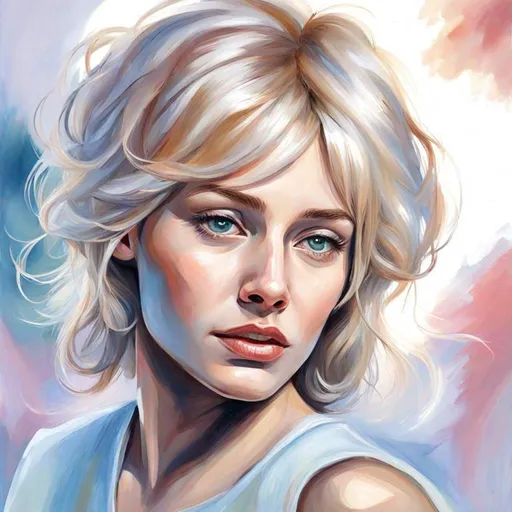 Prompt: Highlighted-haired woman, realistic oil painting, vibrant and modern, detailed facial features, sun-kissed highlights, expressive eyes, flowing hair, high quality, vibrant colors, realistic style, warm tones, natural lighting