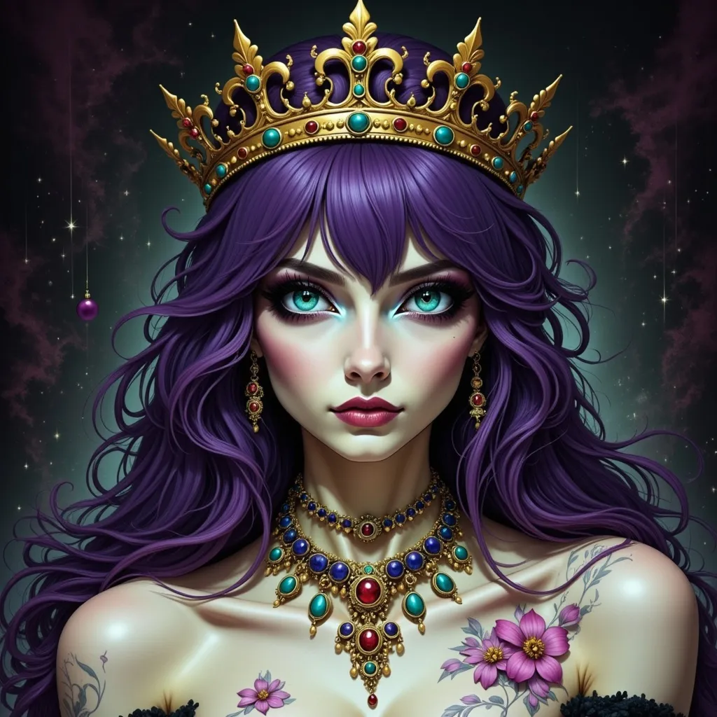 Prompt: a woman with purple hair and a crown on her head is wearing a necklace and a necklace with flowers, Anne Stokes, gothic art, highly detailed digital painting, a detailed painting