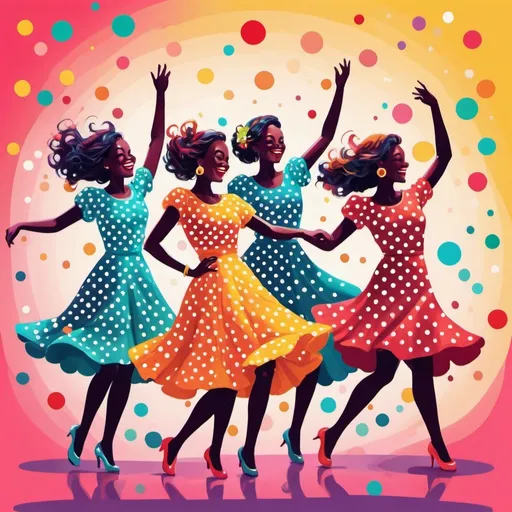 Prompt: Polka-themed digital art illustration, vibrant and playful color palette, whimsical dancing figures in polka dot attire, lively and energetic atmosphere, high-quality, digital painting, cheerful and lively, polka dots, joyful movement, dynamic composition, colorful, playful lighting