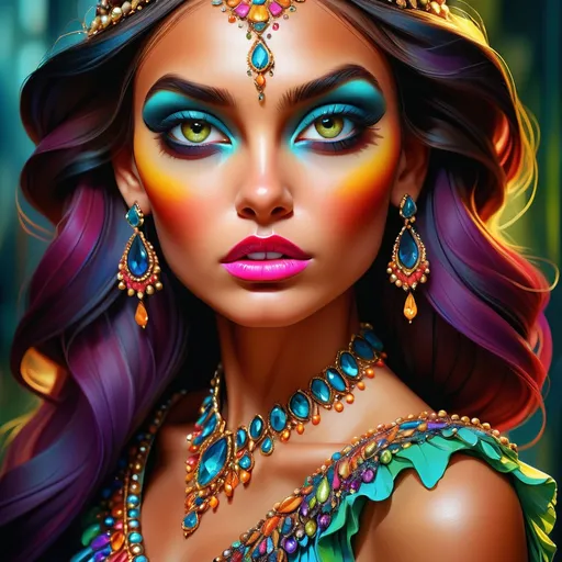 Prompt: digital painting, dramatic colourful makeup, high fashion, intense gaze, realistic portrayal, vibrant colors, detailed features, highres, professional, dramatic, realistic, digital painting, intense gaze, vibrant colors, detailed features, high fashion, glamorous lighting