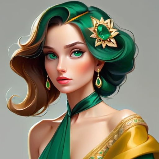 Prompt: Elegant lady in colors of emerald and gold