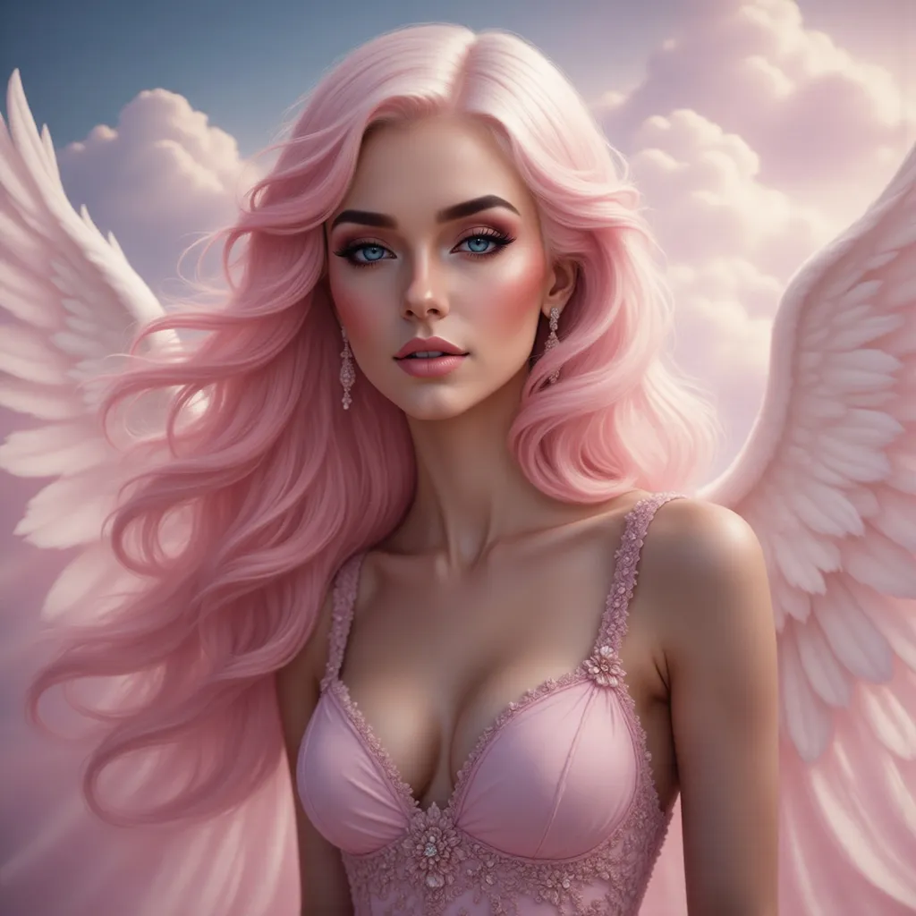 Prompt: beautiful woman in a flowing pink gown, intricate white wings on her back, hazy pink clouds surrounding her, ethereal ambiance, dreamlike atmosphere, soft lighting, delicate details in fabric, serene expression, whimsical vibe, high-quality 4K, soft pastel tones, fantasy-inspired scene, enchanting and mystical feeling