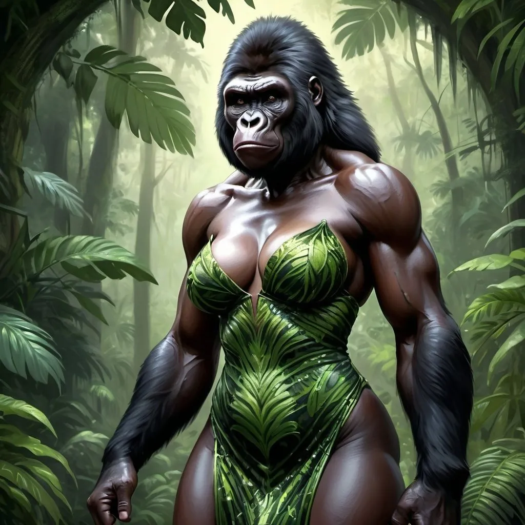 Prompt: Highly detailed digital painting of a female human/gorilla hybrid dressed in an evening gown, realistic fur texture, intense and piercing gaze, muscular and powerful physique, jungle setting with lush green foliage, highres, ultra-detailed, digital painting, realistic, intense gaze, muscular physique, jungle setting, lush foliage, hybrid creature, professional, atmospheric lighting