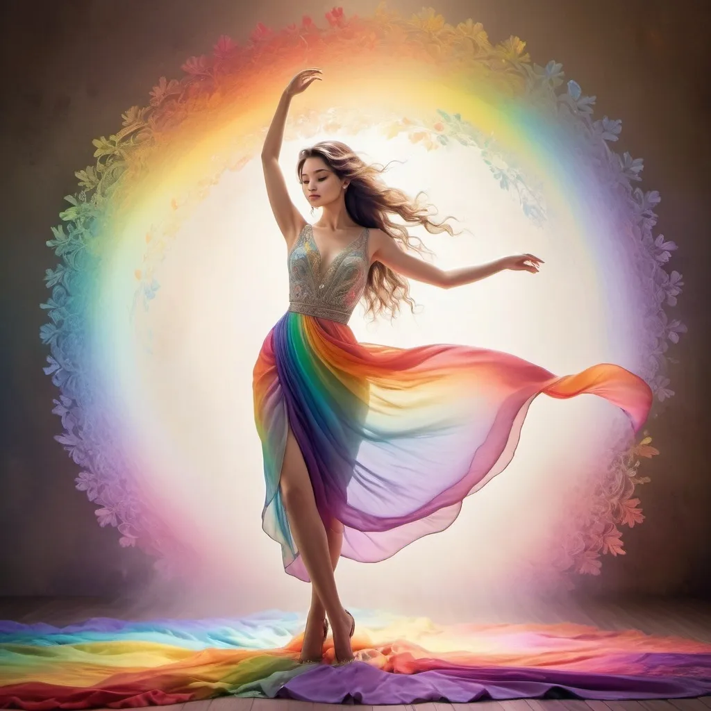 Prompt: (elegant lady), graceful pose, vivid (colors of the rainbow), flowing attire, chic accessories, soft and dreamy ambiance, radiating a sense of joy, ultra-detailed, ambient lighting, romantic atmosphere, intricate patterns, harmonious blend of hues, beautifully flowing hair, serene expression, enchanting background bursting with color, high-quality rendering.