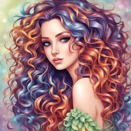 Prompt: A cute colorful fairy with curly  long hair, facial closeup