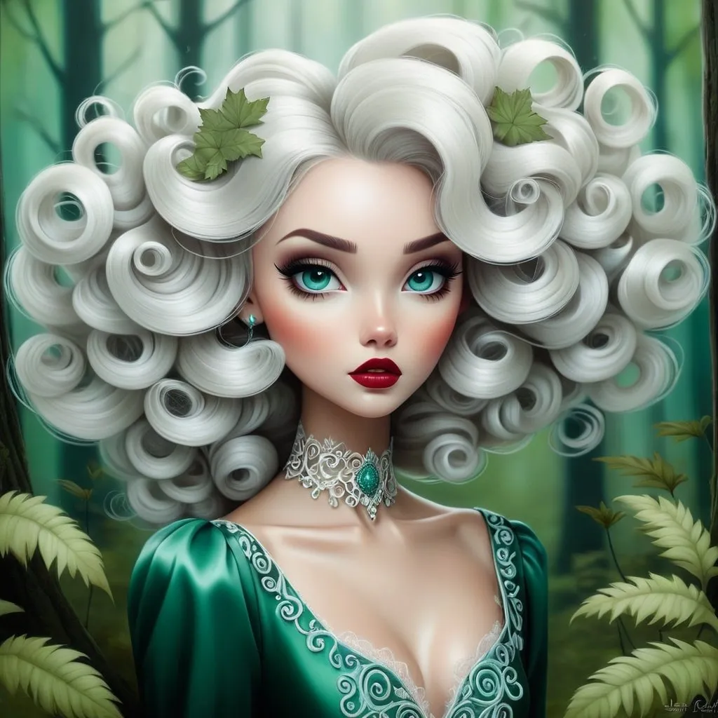 Prompt: <mymodel>The beautiful young lady with curly blowing platinum hair illustration art by Lori Earley, Daria Endresen, Tristan Eaton. Whimsical forest background, Extremely detailed, intricate, beautiful. 
