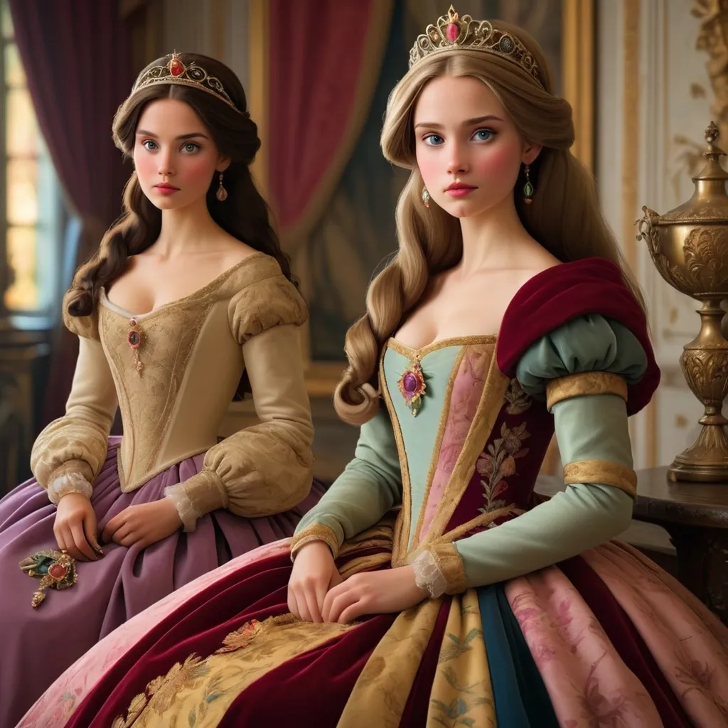 Prompt: portrays beautiful women as historical princesses in sumptuous costumes and settings.