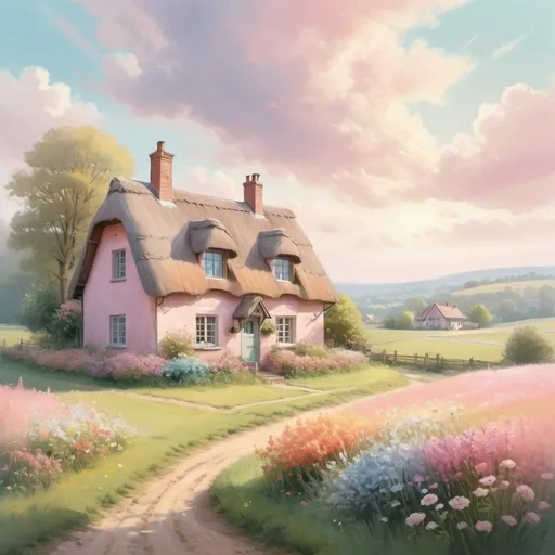 Prompt: Pastel illustration of a serene countryside, soft and dreamy colors, blooming fields of flowers, charming cottage with a thatched roof, gentle sunlight filtering through pastel clouds, tranquil atmosphere, high quality, soft pastel, countryside, dreamy, blooming fields, charming cottage, gentle sunlight, tranquil atmosphere
