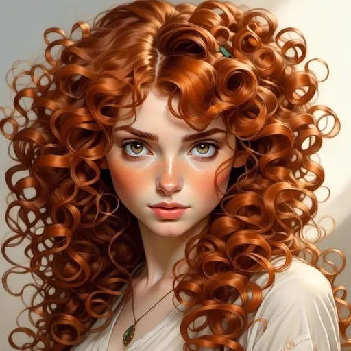 Prompt: <mymodel>Beautiful, feminine girl with big, bushy, curly, frizzy, huge, and massive ginger/auburn hair and freckles, high definition, realistic, detailed, portrait, natural lighting, warm tones, professional, detailed hair, no imperfections, elegant, intricate curls, vibrant, stunning, ginger/auburn beauty, feminine charm
