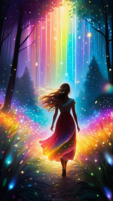 Prompt: A luminous, etherel mesmerizing woman walks among sparkling fireflies, her skin shimmering with a rainbow of colors. She possesses an otherworldly beauty.  This enchanting scene is depicted in a digitally painted illustration, each brushstroke capturing the magical essence of the scene. The vivid colors and exquisite details make this image a truly mesmerizing piece of art.