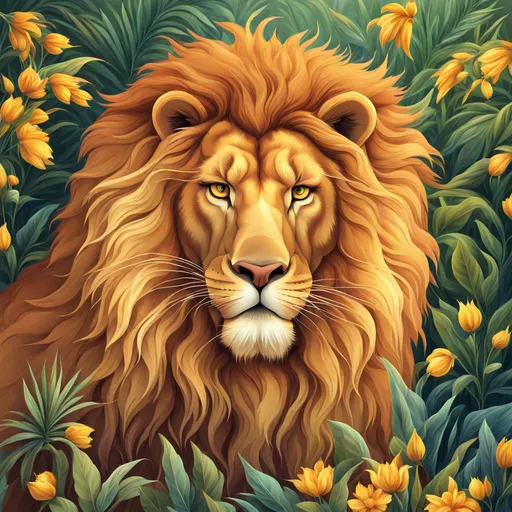 Prompt: Cartoon style illustration of a majestic male lion, radiant sunlight, lush savanna backdrop, vibrant and warm color palette, detailed mane with golden highlights, confident and regal expression, high-quality, detailed fur, cartoon, vibrant colors, detailed mane, savanna landscape, radiant sunlight, confident expression, highres, warm color palette, vibrant, professional lighting